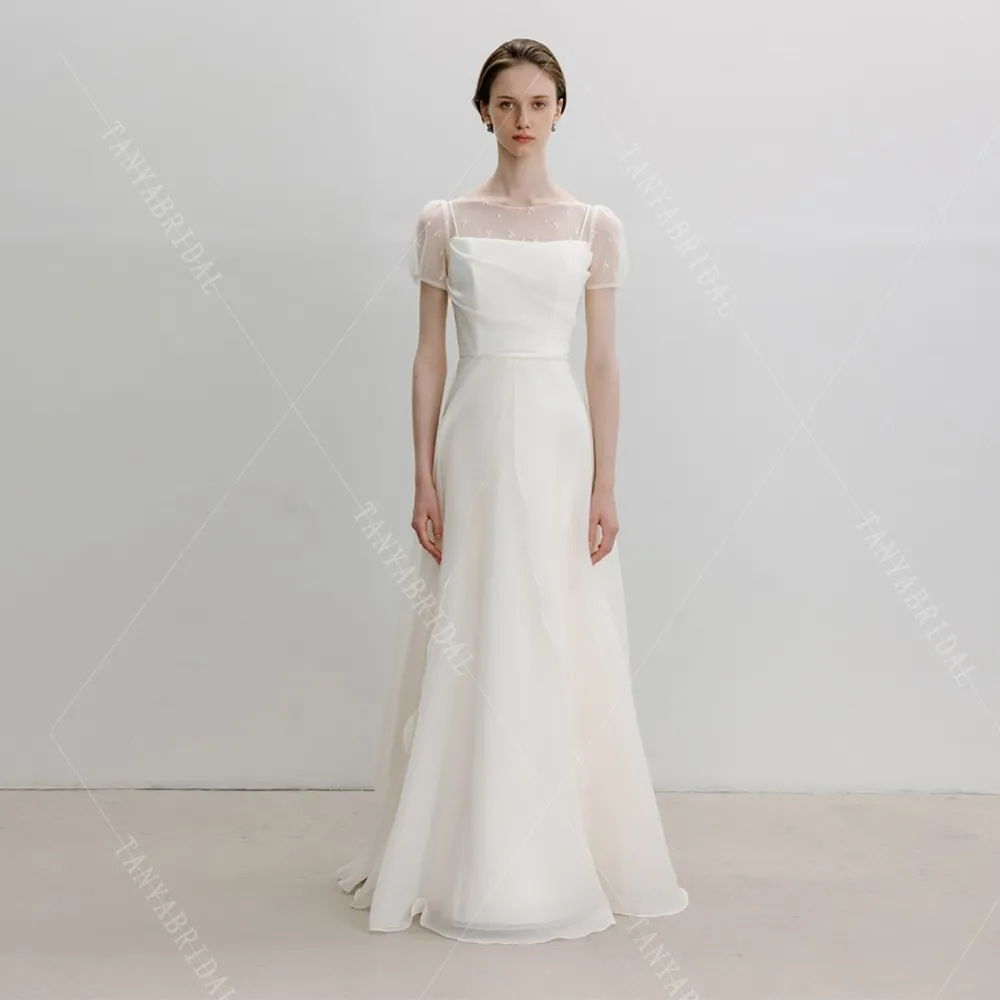 Dreamy Organza Satin Wedding Dress A Line Short Sleeves Lace Up Back Bridal Gown Floor Length Simple Bridal Party Dress G4916