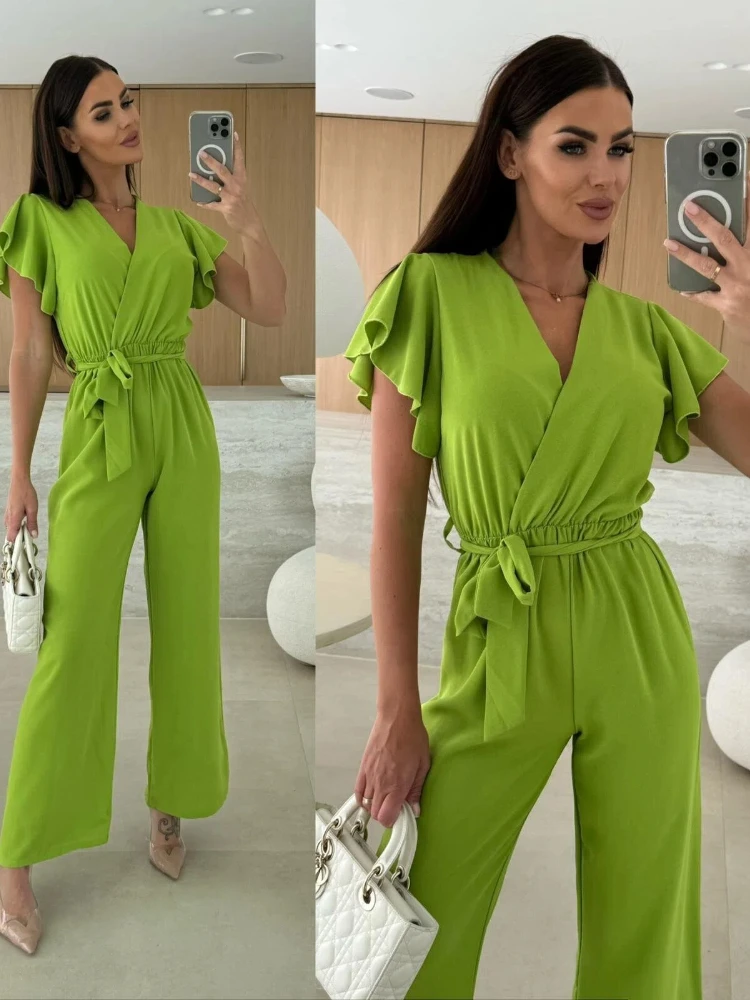 

Fashion New Short Sleeved Solid Color Women's V-neck Drawstring Jumpsuit Casual Pants Summer Women's Clothing 355