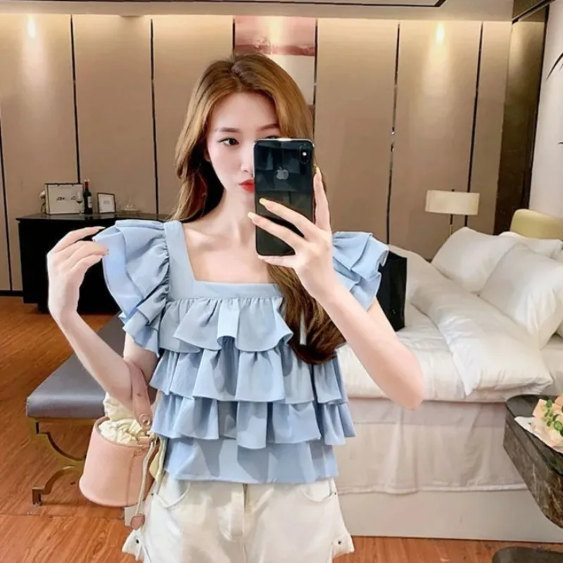 Sleeveless Casual Shirts Women Ruffles Age-reducing Summer Designed Trendy Backless Lace-up Streetwear Square Collar Ulzzang