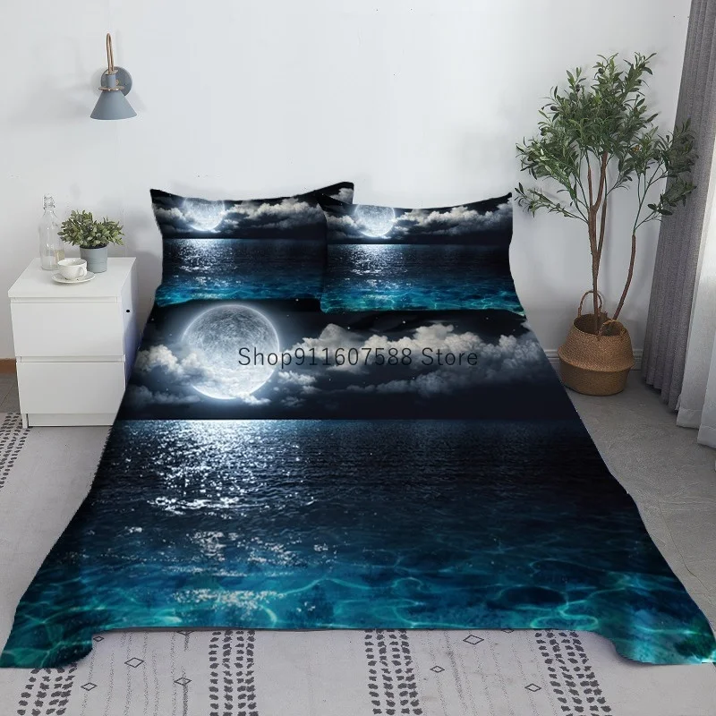 Ay ve su yatak çarşafı Set 3D baskılı Polyester sahne yatak düz levha yastık ile çarşaf 1/1.2/1.35/1.5/1.8/2m