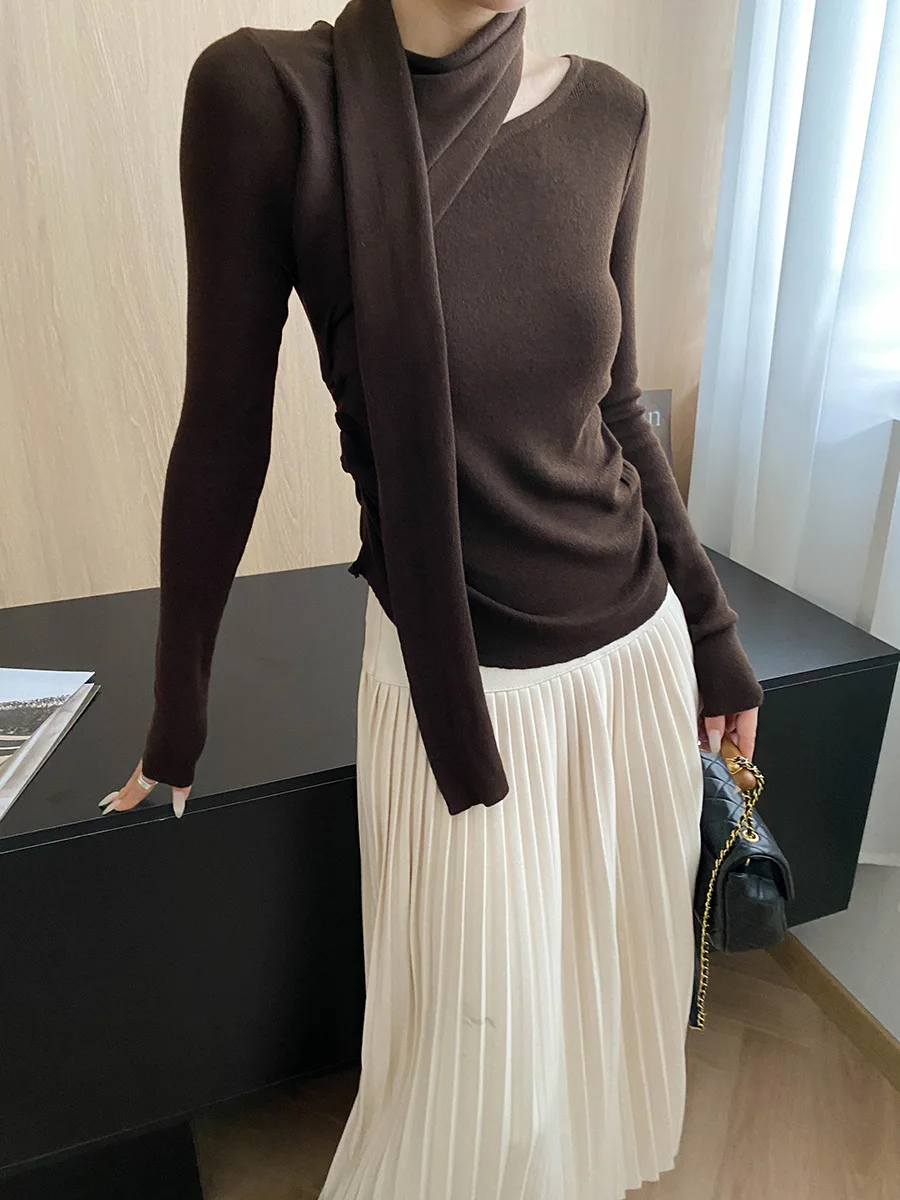 Women's casual solid color scarf, ribbon, slim fit and slimming base knit sweater