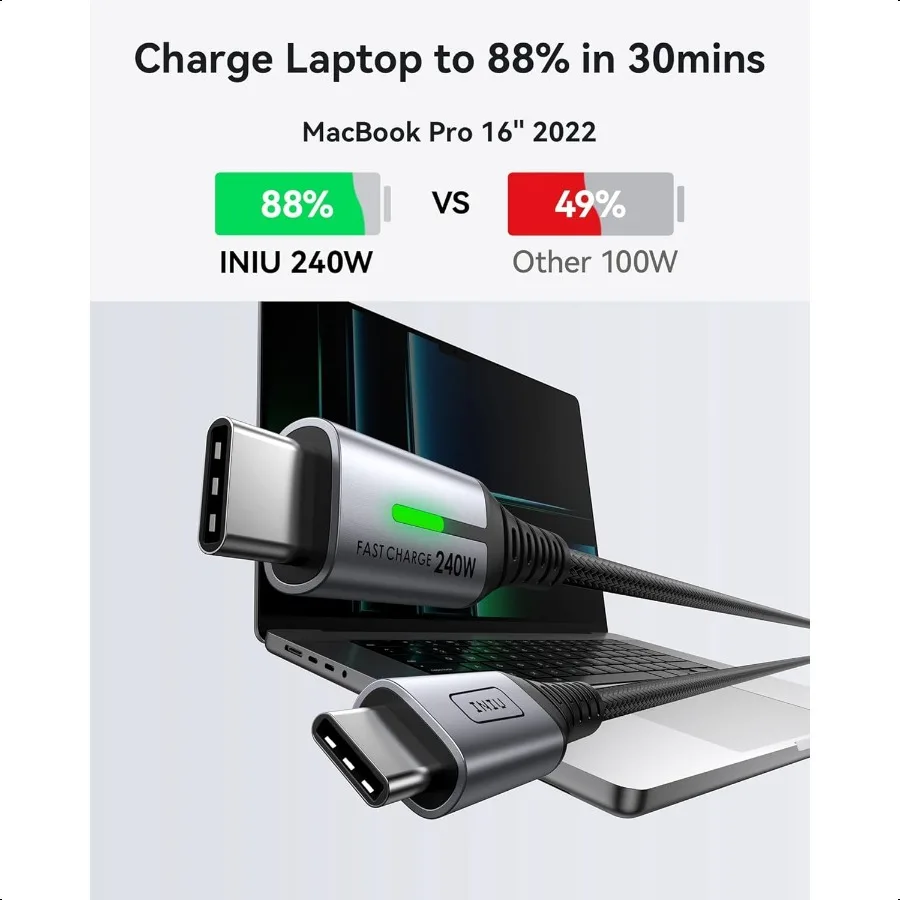 Kabel USB C Pendek INIU 1 kaki [240W 2Pcs] Pengisian Cepat USB C ke C Kabel Charger Kepang Tipe C untuk iPhone 16 15 Samsung Galaxy