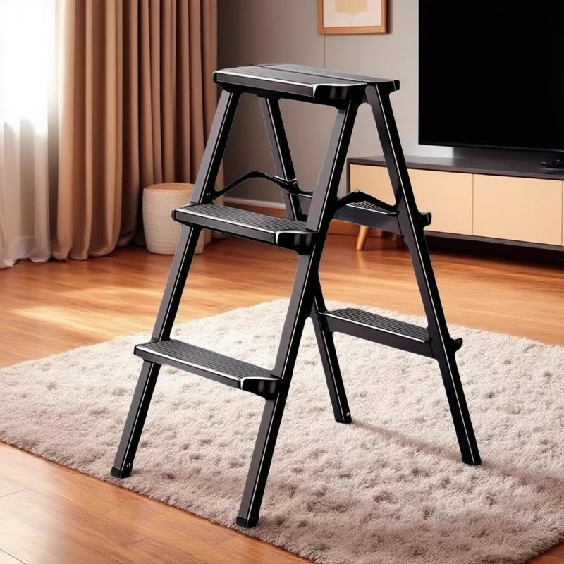Aluminum Alloy Folding Ladder,Red A-Frame Ladder,Indoor 3-Step Stool,Anti-Slip Pedal-Triangle Structure,Wear-Resistant,Stable