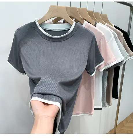O Neck Chic Tees Women Summer Modal T Shirts Fake Two-Piece Ribbed Lightweight Slim Fit Knit Top Comfty Basy Layer Fashion 2026