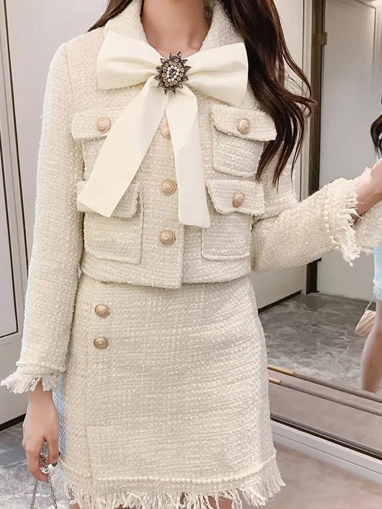 2024 Winter New Women Tweed Fringed 2 Two-Piece Set Sexy Long Sleeve V-Neck Button Coat + Short Skirt Set Vestidos Party Suit