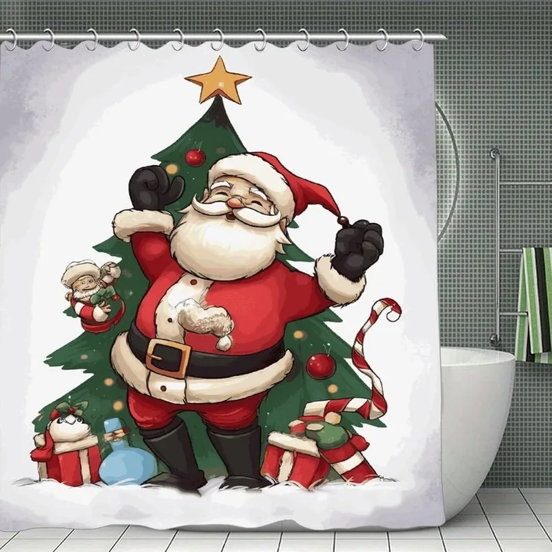 Cartoon Santa Christmas Tree Candy Cane Christmas Bathroom Shower Curtain No Drilling with 12 Hooks Holiday Decor