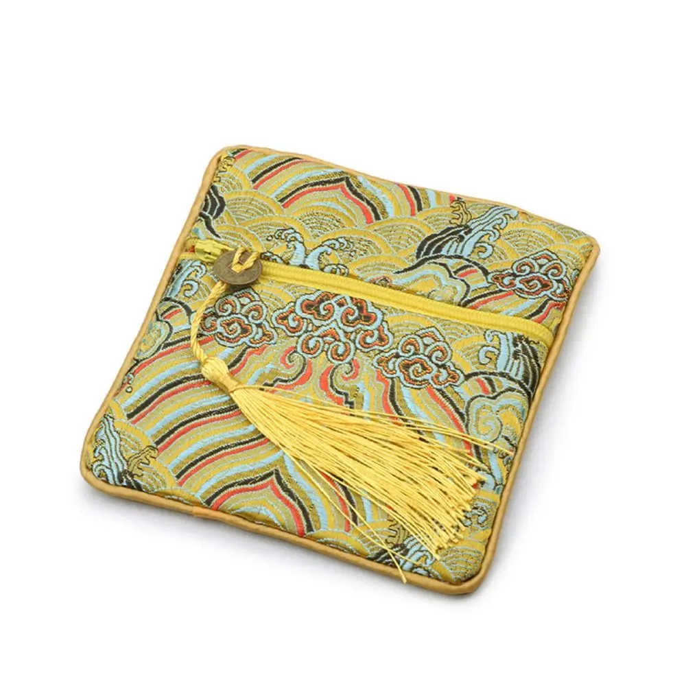 Chinese Style Silk Jewelry Organizer Coin Purse Sea Wave Pattern Brocade Pouch Zipper Bag Embroidery Jewelry Storage Bag