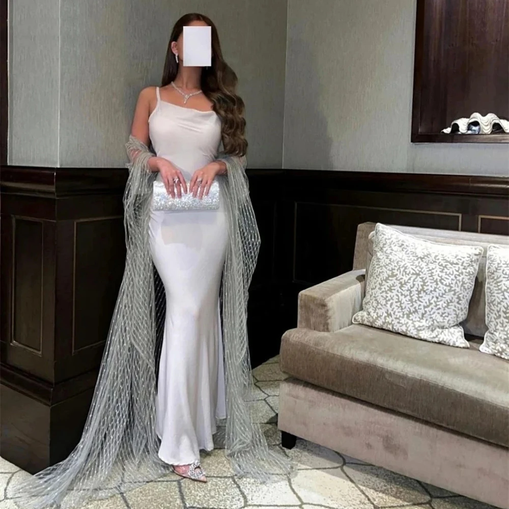 

Customized Yipeisha White Elegant Spaghetti Satin Evening Gown With Tulle Shawl Strap Mermaid Floor-Length Formal Party Dresses