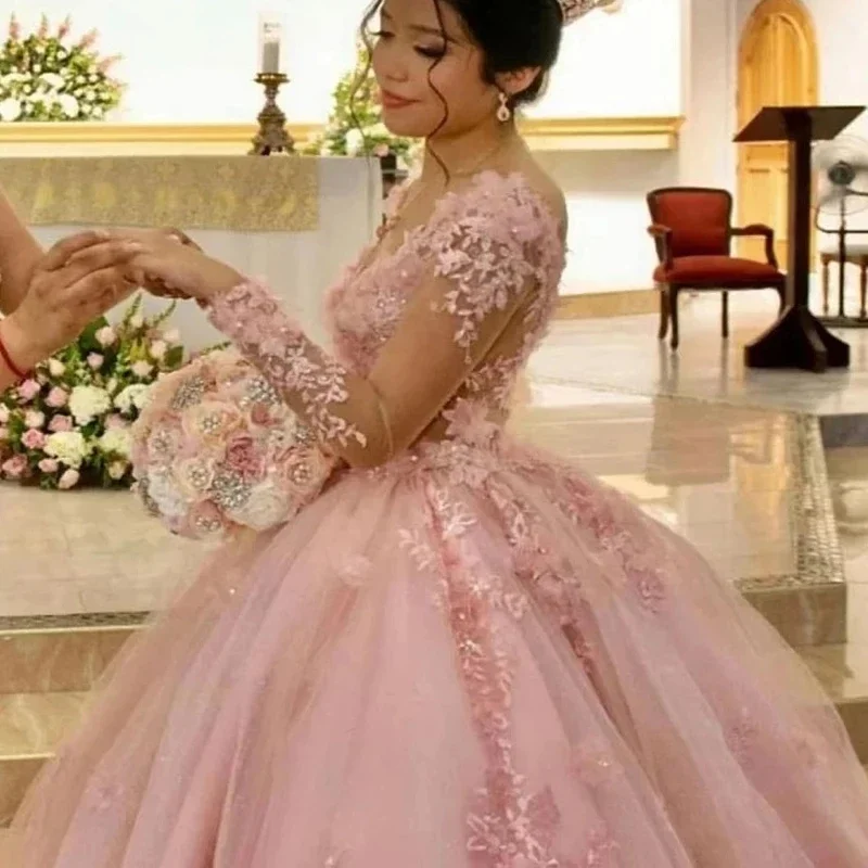 Angelsbridep Glinsterende Roze Baljurk Quinceanera Jurken Kralen Kanten Verjaardag Formeel Avondfeest Prom Vestidos De 15 Anos