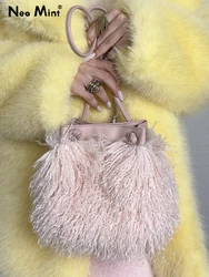 Lüks Renkli Püsküller Kürklü İpli Kova Çanta Kadın Peluş Çanta Harajuku Sokak Punk Y2k Sıcak Kızlar Taklit Kürk omuzdan askili çanta