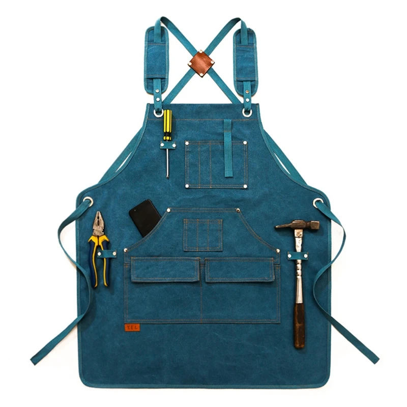 Men Women Canvas Work Apron Adjustable for Cross Back Straps Chef Aprons with Multi Pockets for Kitchen Cooking