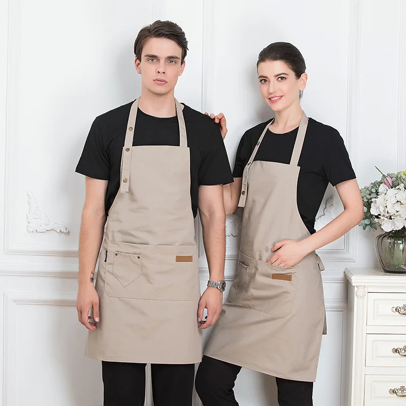 Benutzer definierte Stickerei Druck Marke Logo schwarz Unisex Kellner Kochen Restaurant Tasche verstellbare hängende Hals Männer Schürze für Frau