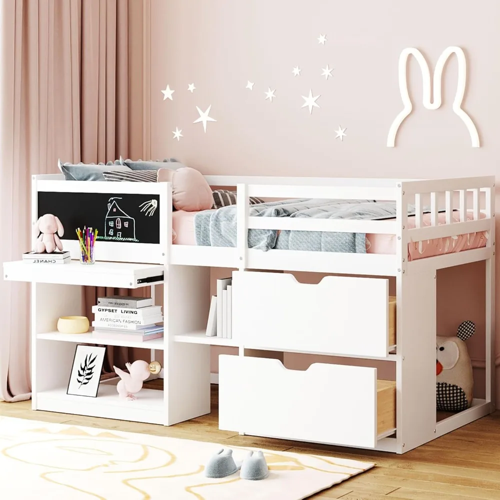 Child's Bed with Storage Shelves and Drawers, Wooden Twin Size Loft Bed with Rolling Desk and Chalkboard, Child's Cot