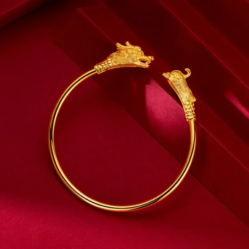 9999 Real Gold 24K Wedding Dragon and Phoenix Chengxiang Glossy Bracelet Happy Opening Men's and Women's