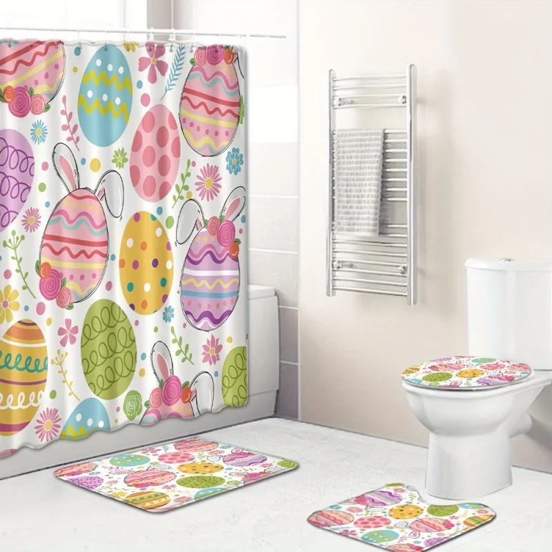 1/4pcs Easter Colorful Eggs Pattern Set, Waterproof Shower Curtain With 12 Hooks, Non-Slip Bath Rug, U-Shape Mat,