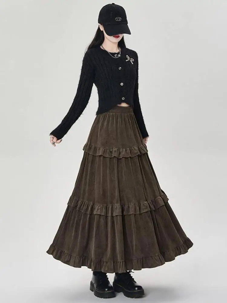

French Women Solid Elegant Vacation Cake Pleated Long Skirts 2024 Autumn Winter New High Waist Ruffle Edge Party Skirt Fashion