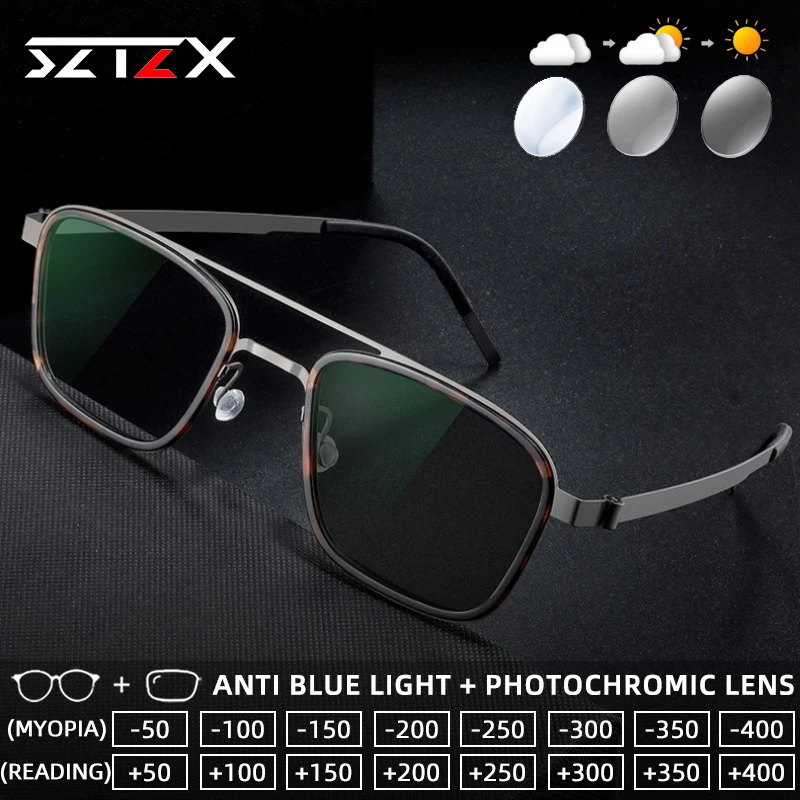 

SZTZX Luxury Screwless Titanium Photochromic Reading Glasses Blue Light Blocking Myopia Glasses Progressive Prescription Eyewear
