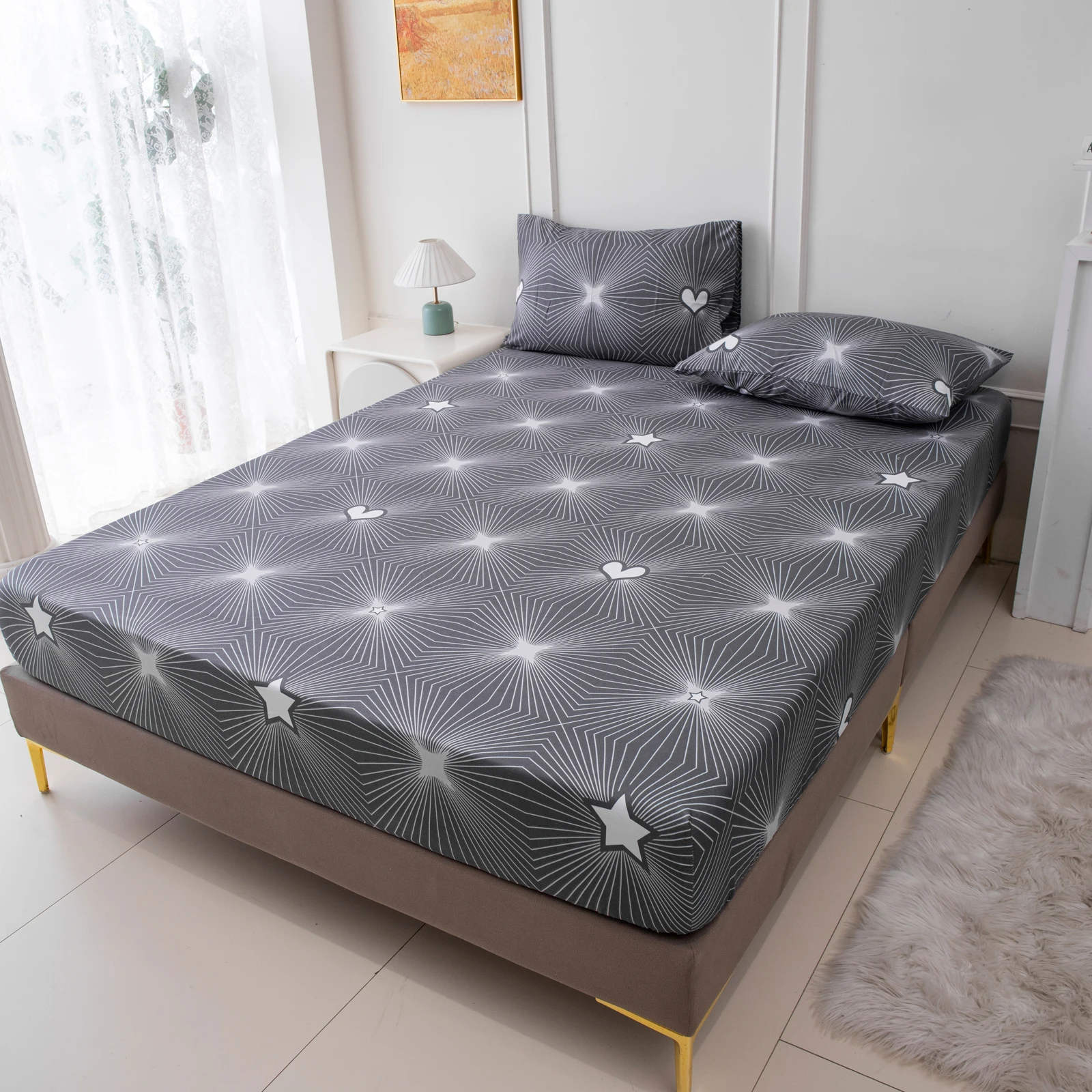 Geometric Star Pattern Printed Fitted Sheet, 1-Piece Mattress Cover (Pillowcase and Pillow Insert Not Included), Simple Line Design Polyester Fiber 3D Dirt-Resistant Mattress Protector, Soft and Breathable Polyester Fitted Sheet, Suitable for Bedroom, Dormitory, Guest Room, Homestay, All-Season Use, Machine Washable