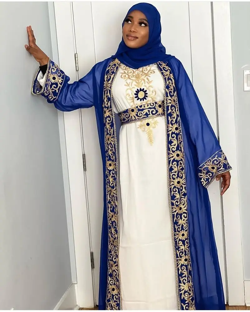 Kaftan biru Royal Farasha gaun Abaya DI Dubai Maroko gaun panjang Sangat Mewah tren mode Eropa dan Amerika