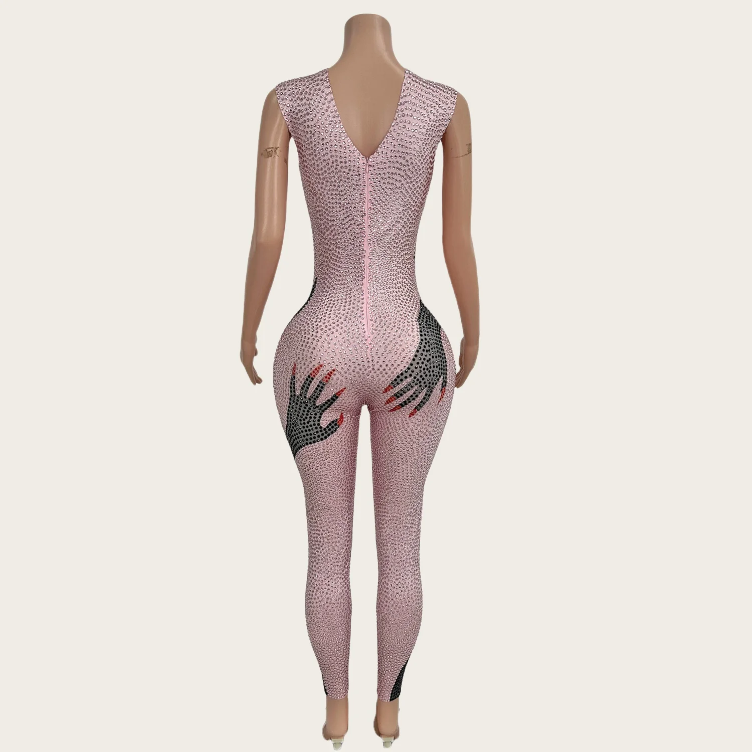 Heishou feminino comemorar festa palco mostrar sexy clássico outfit high-end brilhante strass apertado macacão com luvas terno