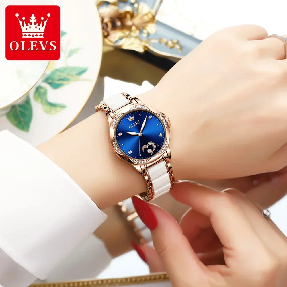 OLEVS Luxury Mechanical Watch for Women Golden Rose Ceramics Strap Ladies Watch Elegant Gift Women Heart Design Automatic Watch