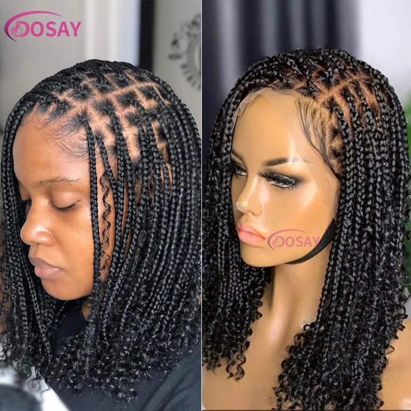 12“ Synthetic Lace Wigs Short Bob 360 Full Lace Braids Wigs Curly Boho Knotless Braided Wigs Goddess Box Wig Pre-Pluck Baby Hair