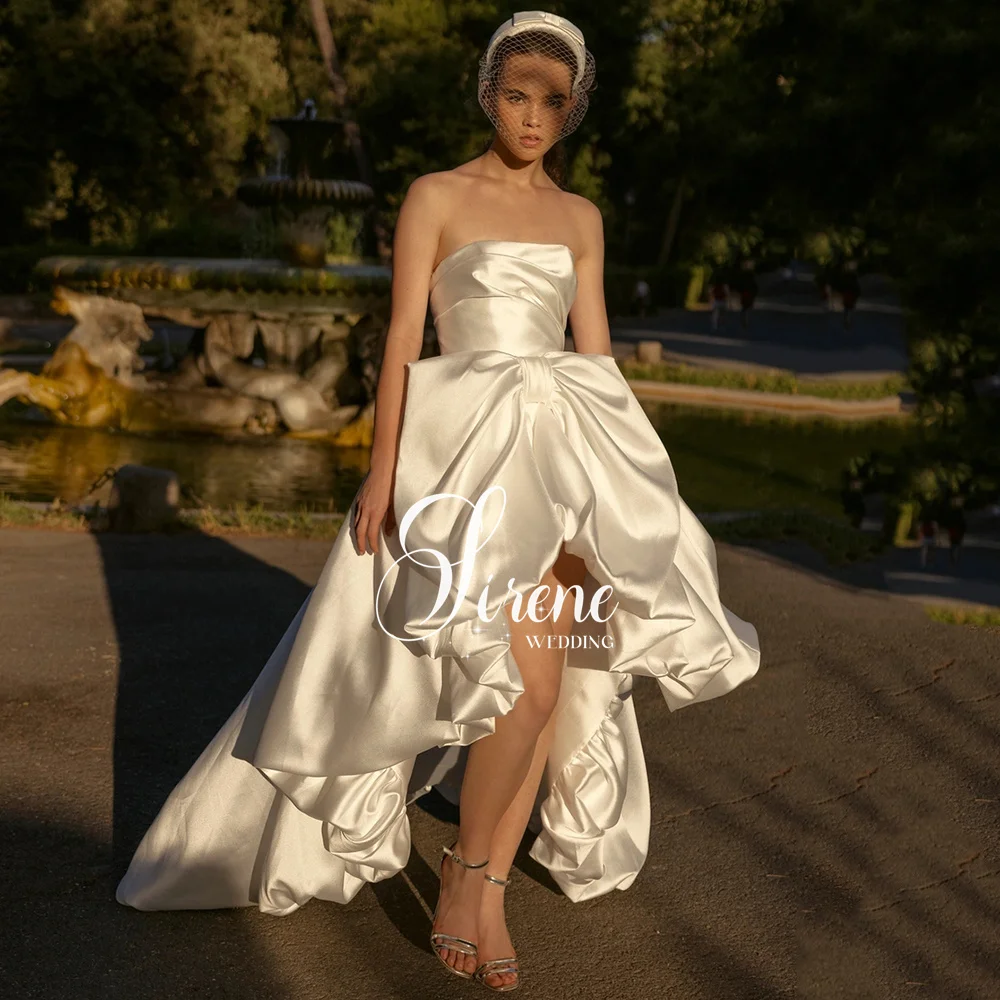 Sirene strapless trouwjurk mouwloze plooien hoog/laag eenvoudige ruches bruidjurk rugloze trian vestido de novia aangepast