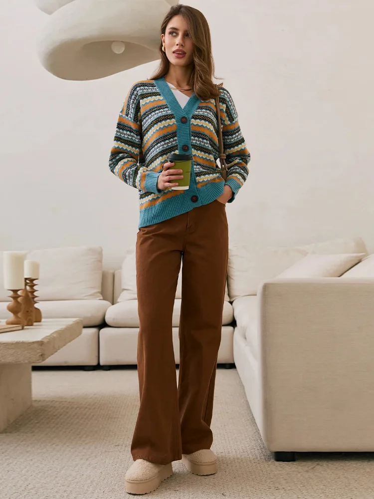 Gestrickter Gerippter V-Ausschnitt Jacquard-Cardigan für Damen, Eleganter Langarm-Cardigan mit Einzelknopfleiste, Paneelen und Loser Passform, Schicke Damen-Streetwear – Detail 8