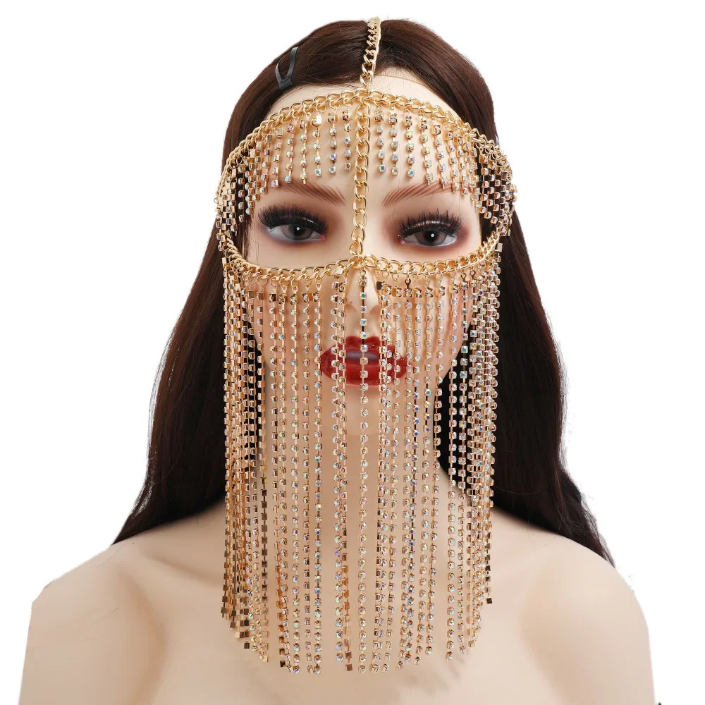 Indian Luxury Full Rhinestone Chain Fringe Bling Face Jewelry Women Prom Party Mask Chain Metal Headband Decoration Bridal Veils