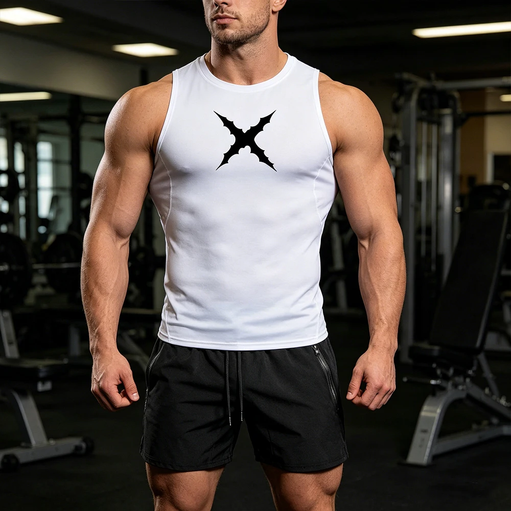 Men 2 Piece Sleeveless Sportswear Set Compression Tank Top Quick Dry Gym Shorts Gothic X Thorns Print Fitness Running Tracksuit