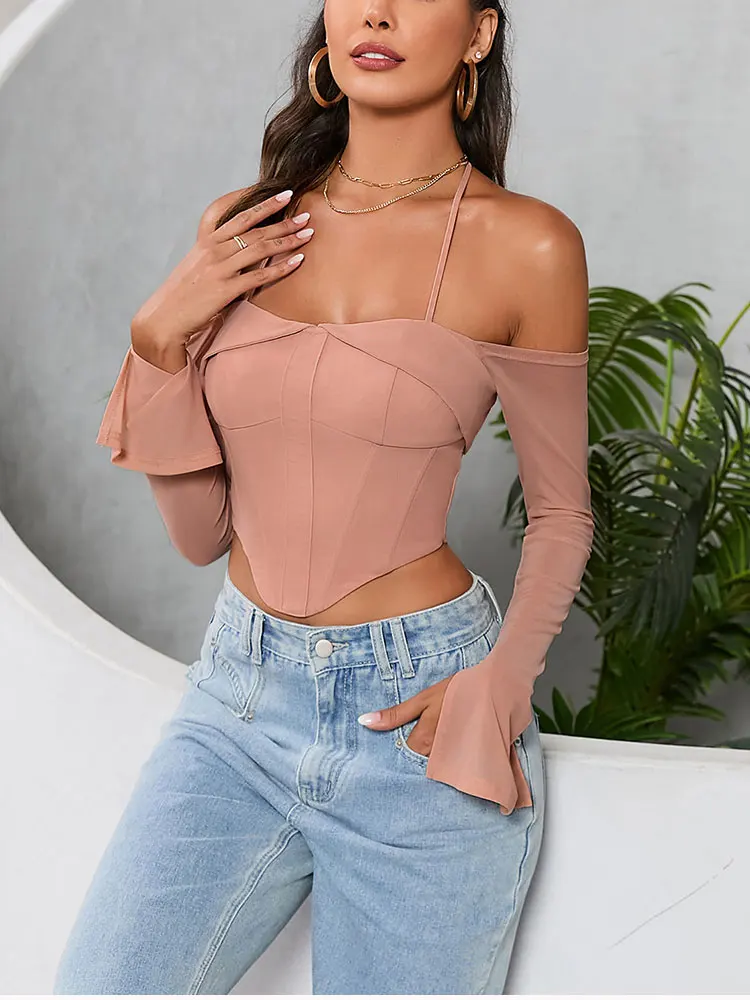 NewAsia Solid Full Sleeves Halter Corset Top For Women Summer Sexy Off The Shoulder Backless Slim Vest Fashion Party Empire Robe