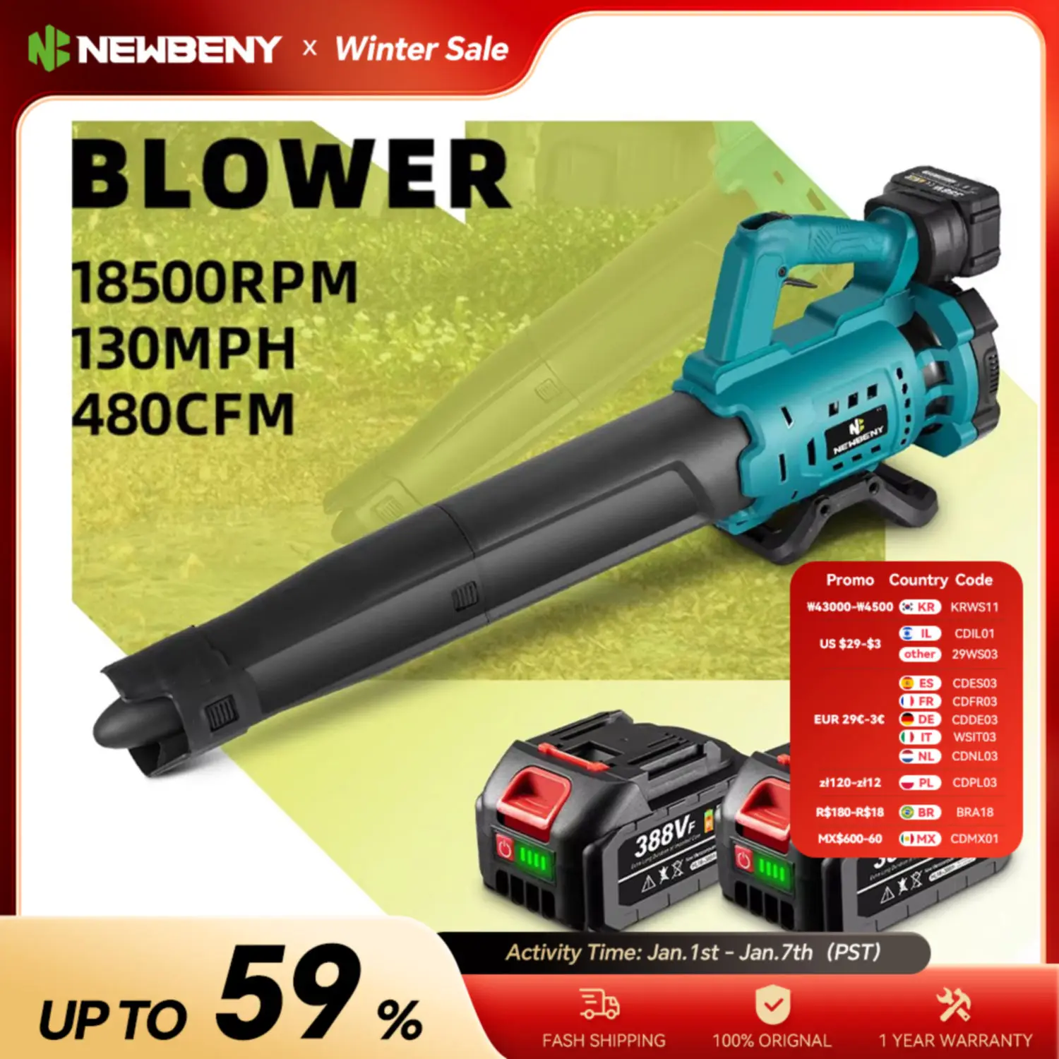 NEWBENY Cordless Electric Air Blower Speed Adjustable Efficient Leaf Snow Dust Cleaning Blower Tool For Makita 18V Battery