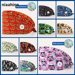 Operating Room Doctor Scrub Cap Pattern Print Nursing Head Hat with Buttons Lab Pet Clinic Surgical Hat Unisex Dentist Scrub Cap