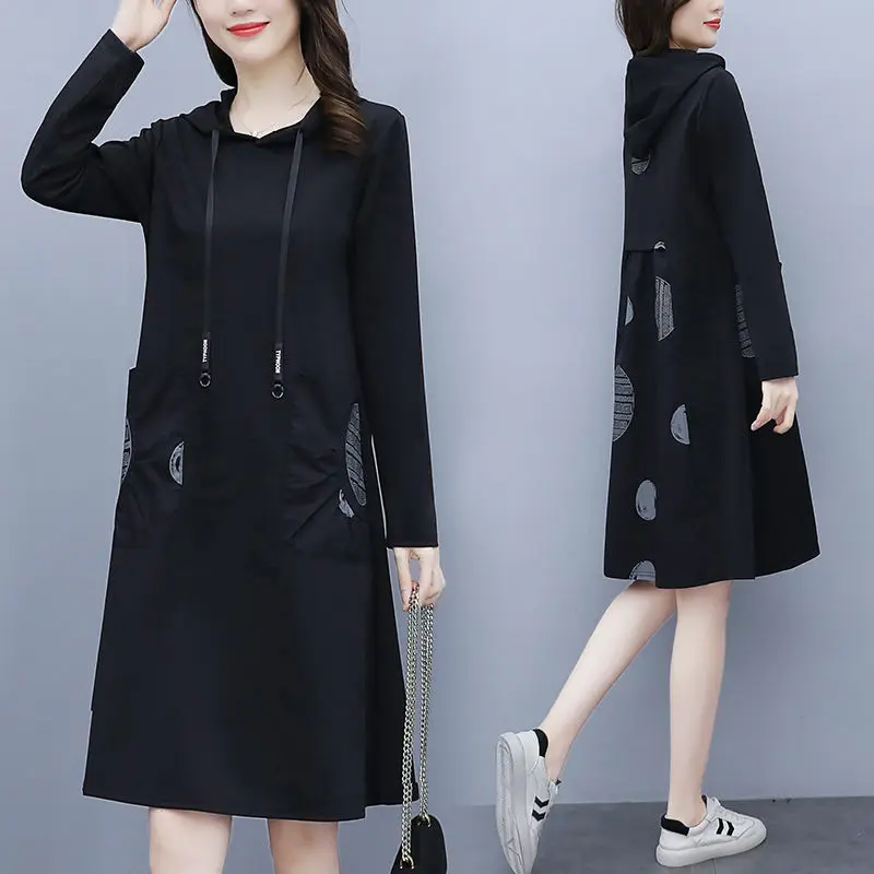 Vestido casual feminino com capuz e cordão estampado camada base coreana escritório outono inverno vestido