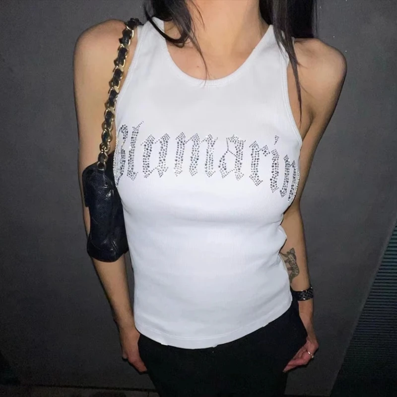 Y2k Millennium Wind Harajuku Sexy Sleeveless I-Vest Geometric Pattern Hot Drill Decorative Top Sexy Slim-Fit Halter Top