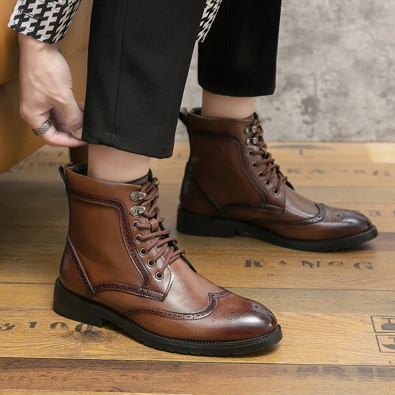 Men Classic Retro Style Leather Boots Social Office Business Dating Formal Party Round Toe Shoes Comfort Versatile Quality Boot