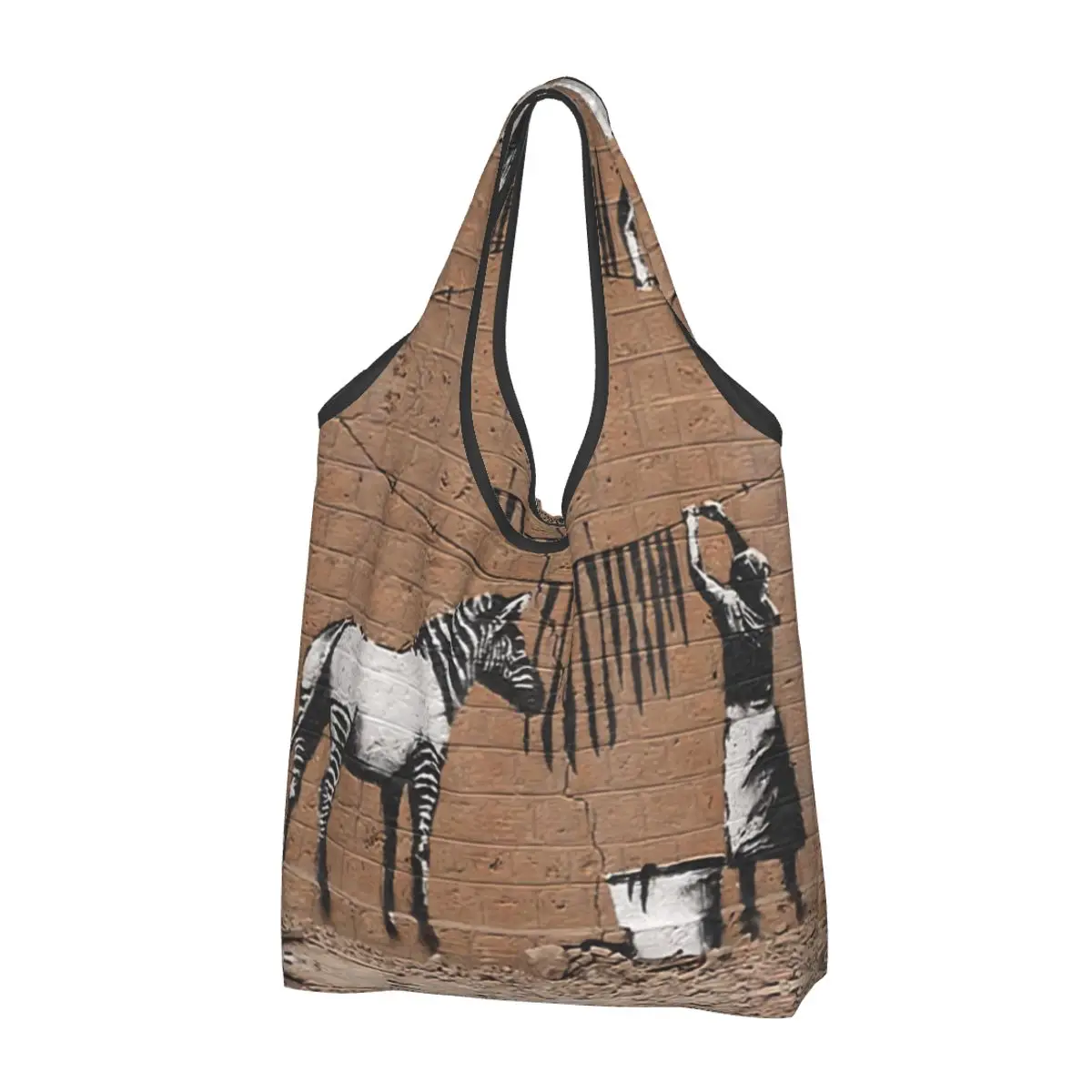 Kawaii Banksy Zebra Shopping Tote Bags Portable Street Graffiti Art Animal Groceries Shopper Shoulder Bag