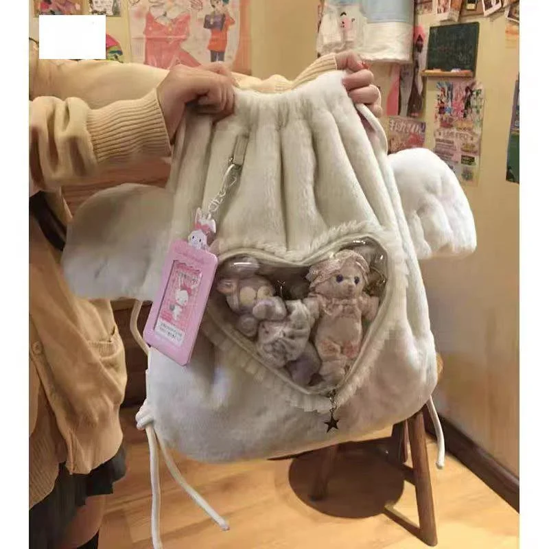 

Plush Wings Itabag Y2k Bag Girl Cartoon Tassel Velvet Drawstring Fashion Backpack Angel Pain Bag Anime Messenger Backpack