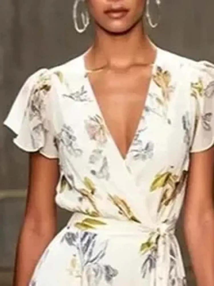 Casual Wrap V Neck High Waist Summer Dress Woman Elegant Floral Print Ruffles A-Line Dress Spring Short Sleeve Boho Long Dresses