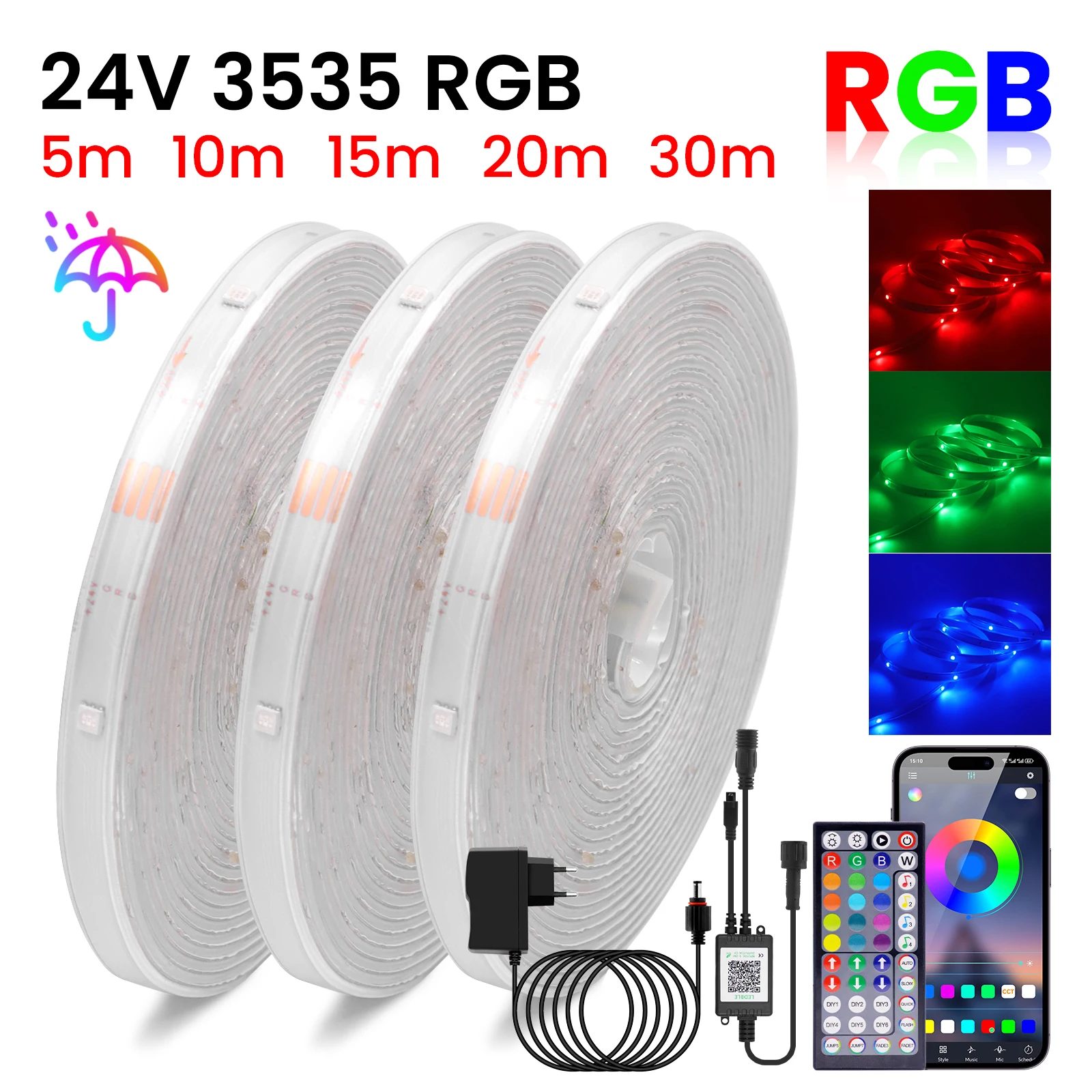 5M 10M 15M 20M 30M 45M 60M 24V RGB 3535 LED Strip Light Bluetooth APP Control LED Luces Waterproof Flexible Tape with Power Kit