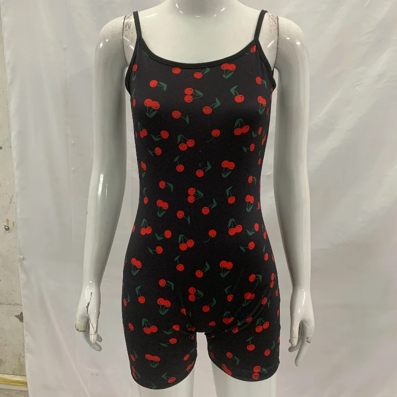 

Pure desire Sweet Fresh Cute Cherry Printed Sleeveless Strap Jumpsuit Korean Sexy Backless Lace Up Tight Shorts Women's Clothing