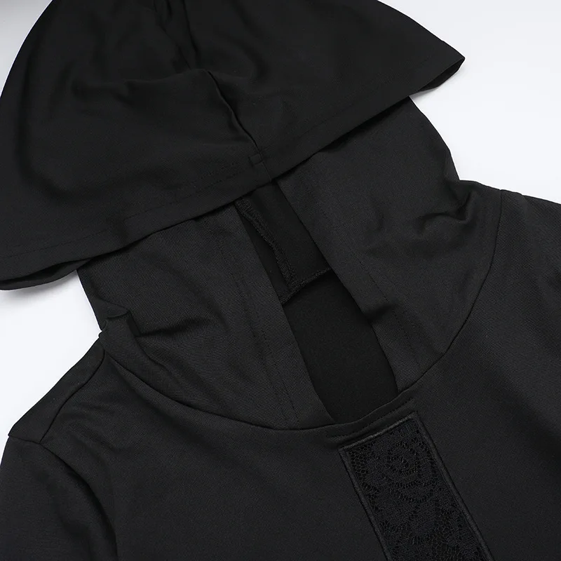 ONE TO WAN Goth Dark Elegant Damen Kapuzenkleid Mall Gothic Kreuz Ausgeschnittene Spitze Gespleißtes Party Acubi Sexy Bodycon Kleider Slim – Detail 10