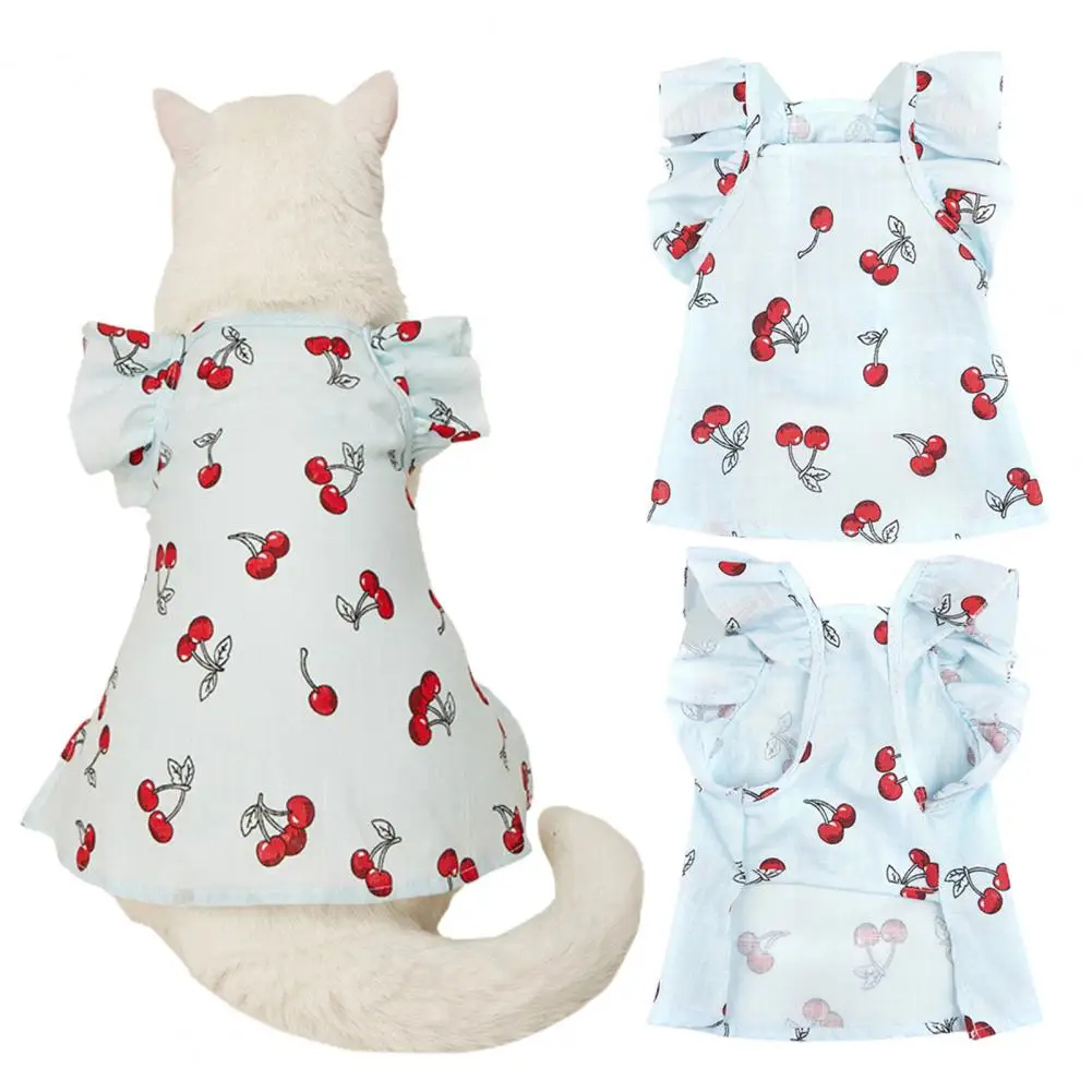 Cherry Pet Dress Pet Princess Summer Clothes Set Cherry Shirt Plaid Skirt Breathable Dress for Cats Dogs for Pomeranians