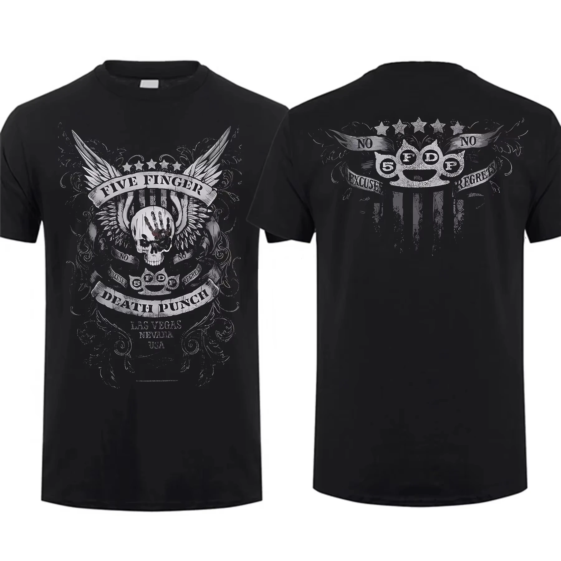 Five Fingerless Metal Band Men's Fashion Neutral Short Sleeve T-shirt Motorcycle Skull Pattern Retro Street American Top