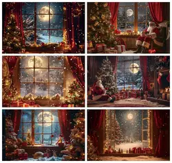 Laeacco Christmas Backdrop Winter Snow Xmas Wooden Window Moon Santa Claus New Year Family Party Portrait Photography Background