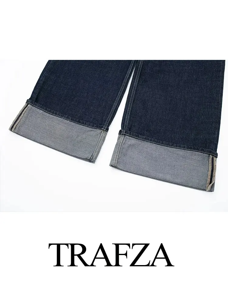 TRAFZA 2024 Street Fashion Retro Denim Jeans per le donne Turn Up gambe vita alta gamba larga Jeans donna autunno Denim blu pantaloni