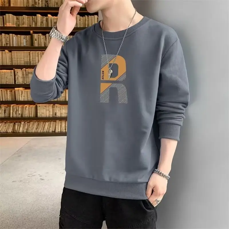 

2024 Autumn Sweatshirts Men New Print Oversize O-Neck Basic Wardrobe Essentials Solid Color Comfortable Pullover