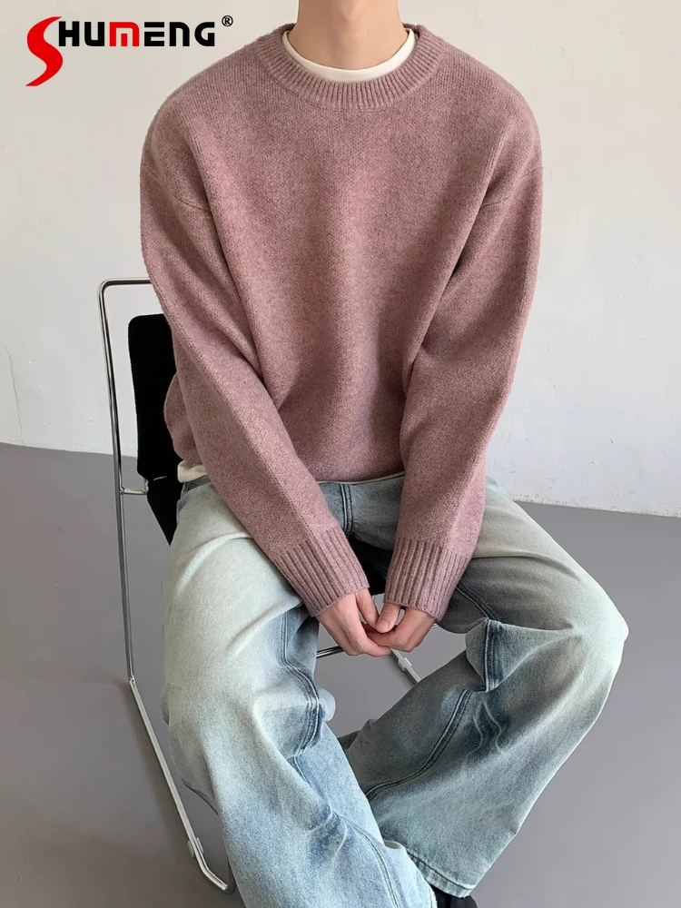 

Men's 2025 Winter New Thickened Round Neck Pullover Sweaters Men's Trendy High-end Knitted Solid Color Jackets Male Comfort Tops