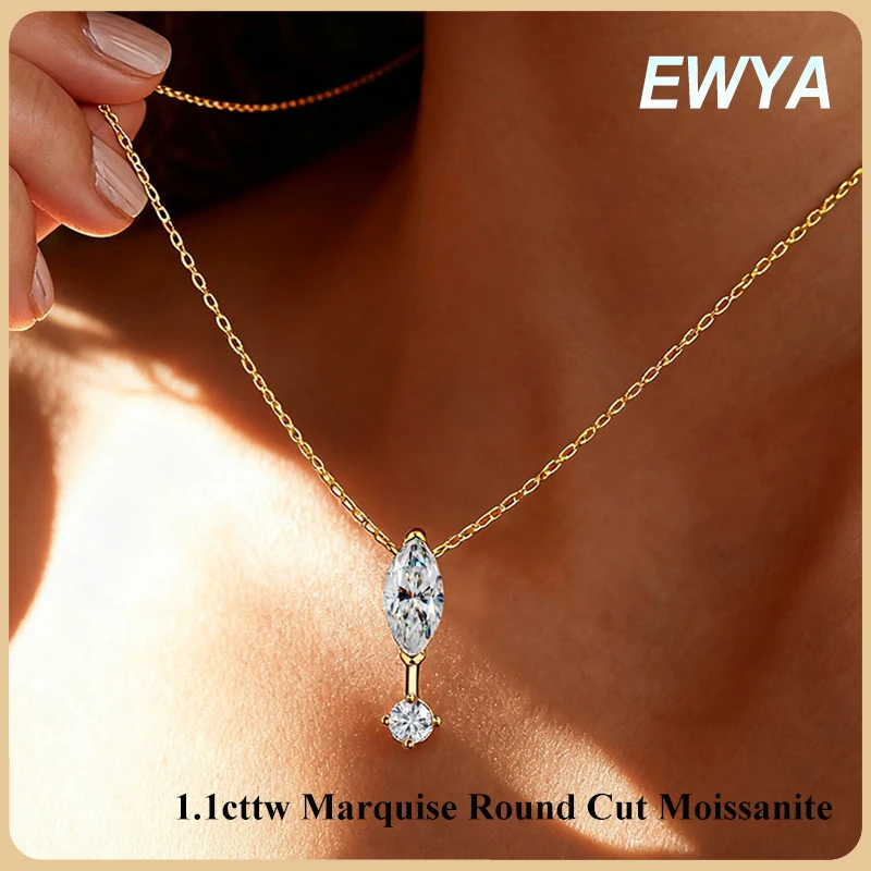 

EWYA 1.1cttw Marquise Round Cut Moissanite Pendant Necklace Women Lab Diamond s925 Silver Dainty Stacking Party Neck Chain Gift