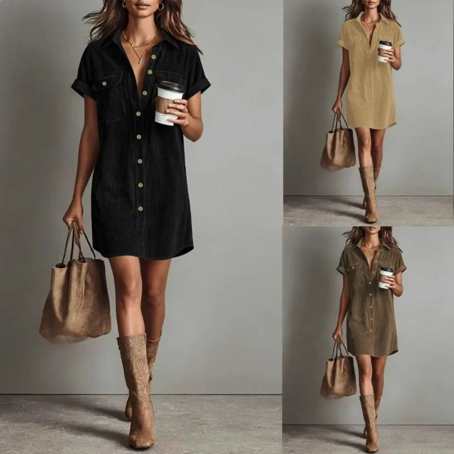 

【New style】 Europe and America large size spring and summer casual corduroy shirt dress loose straight short-sleeved lapel dres
